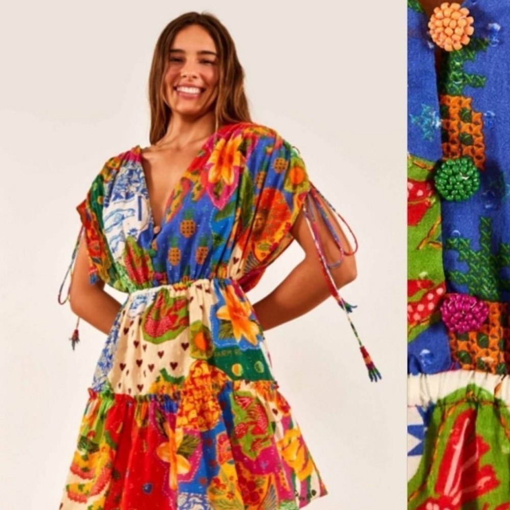 Farm Rio Sunny Mix Mini Dress Floral Colorful Tiered Bohemian Size Small New - Picture 4 of 4